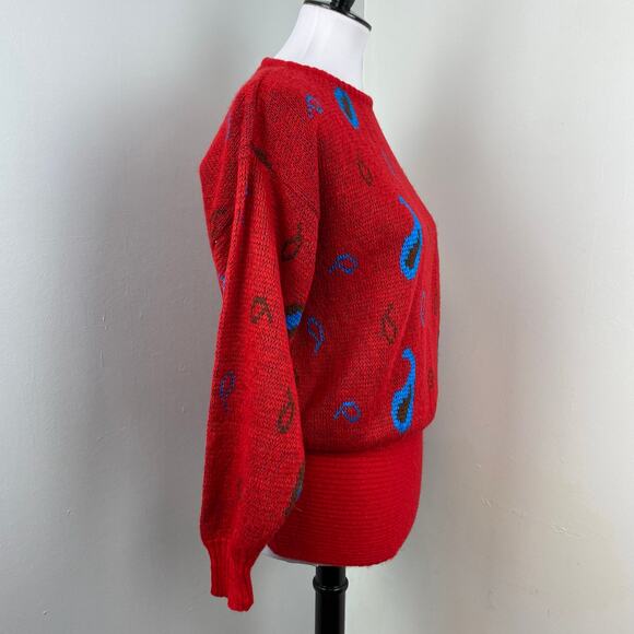 Diane Von Furstenberg Vintage 80s Red Wool Balloon Sleeve Paisley Sweater Small - Picture 4 of 7